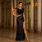 Elegant Round Neck Sequins Slim-fit Sheath Slit Evening Dress