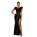 Elegant Round Neck Sequins Slim-fit Sheath Slit Evening Dress