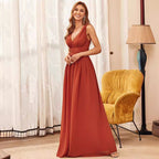 Deep V-neck Bridesmaid Plus Size High Waist Evening Dress