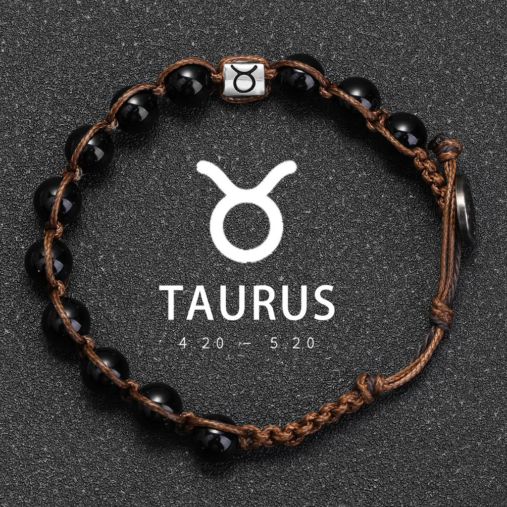 Natural Stone 12 Zodiac Obsidian Hand-woven Bracelet Accessories Stainless Steel Taurus