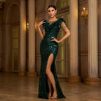 Round Neck Beads Banquet Sequined Slit Evening Dress Dress