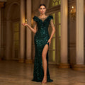 Round Neck Beads Banquet Sequined Slit Evening Dress Dress