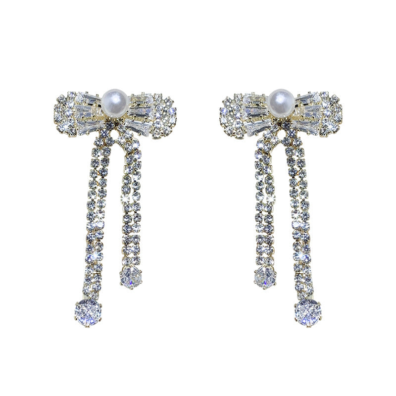 Niche New Arrival Sparkling Diamond Bow Tassel Earrings