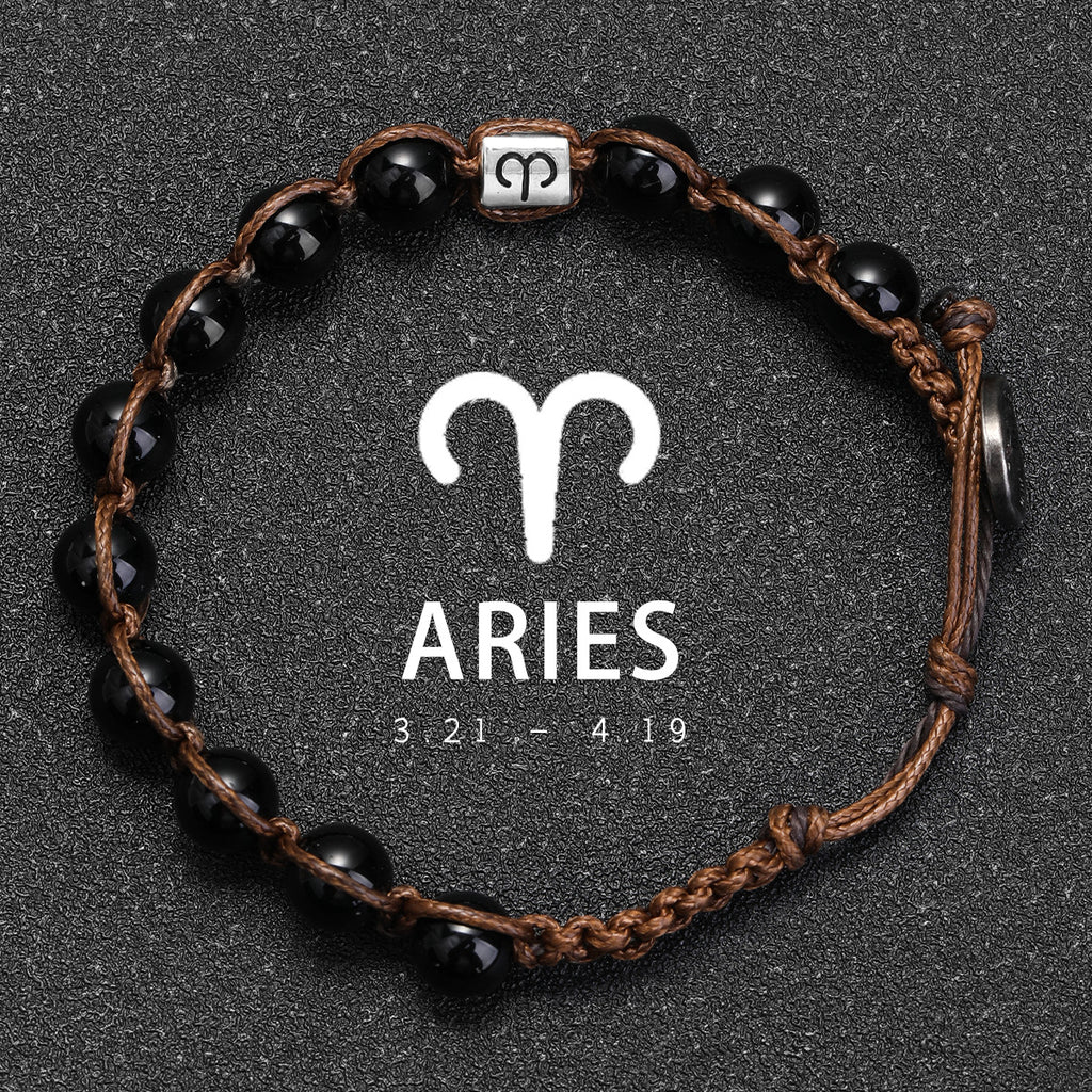 Natural Stone 12 Zodiac Obsidian Hand-woven Bracelet Accessories Stainless Steel Taurus