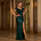 Round Neck Beads Banquet Sequined Slit Evening Dress Dress