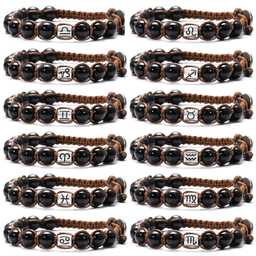 Natural Stone 12 Zodiac Obsidian Hand-woven Bracelet Accessories Stainless Steel Taurus